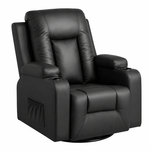 Fauteuil relax, en cuir, pivotant, réglable, coloris noir, pour le salon